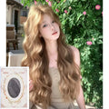 Linen brown medium long curly synthetic wig with hair net on display