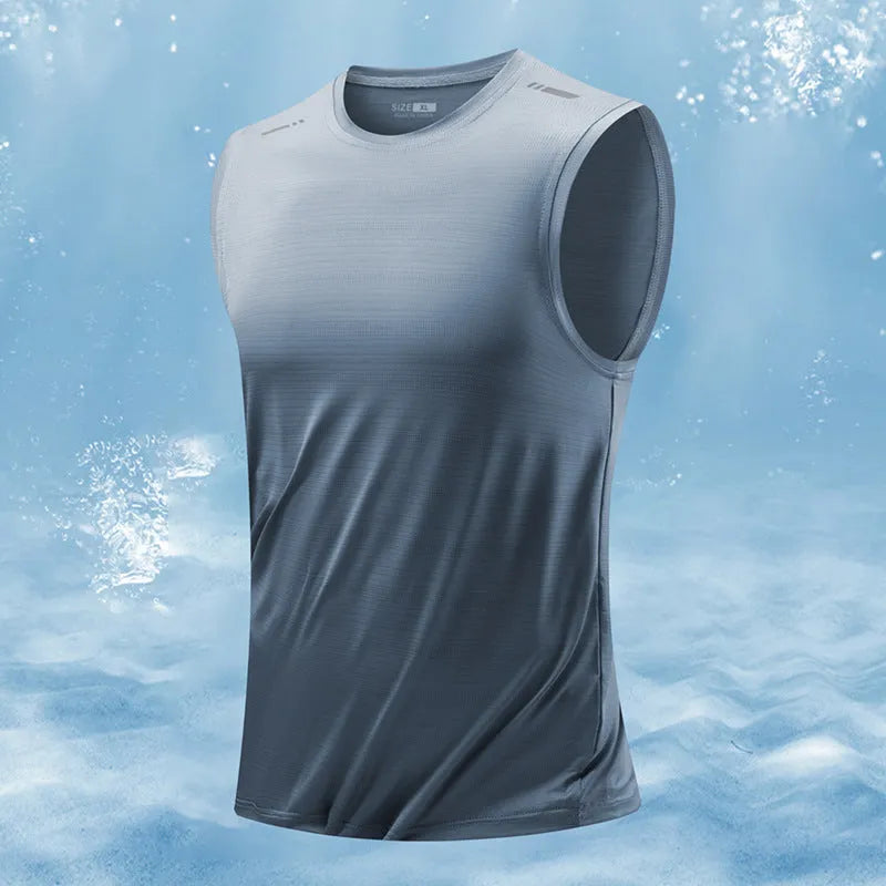 Men's loose-fit bamboo fibre polyester sleeveless vest in grey on a hanger.