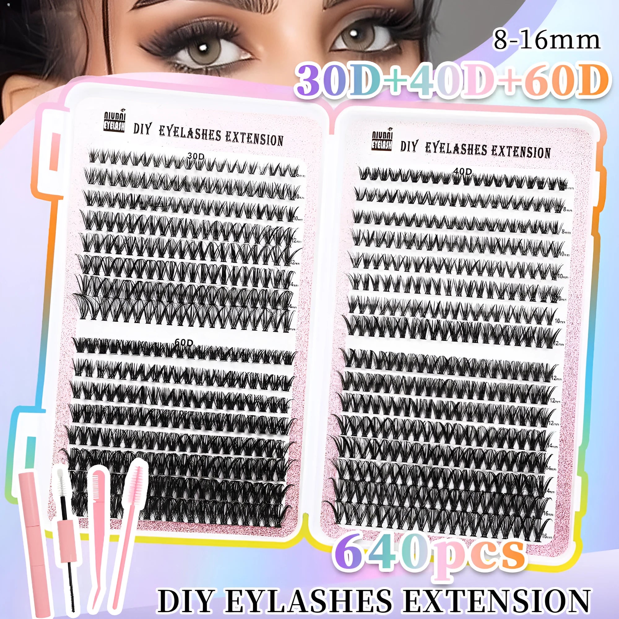 32 rows of eyelashes book cluster 640 segmented lashes set with Style1 and Style2 options
