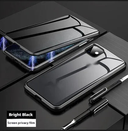 Magnetic aluminium alloy and glass back cover case for iPhone 16, available in different transparent colors with anti-peep screen