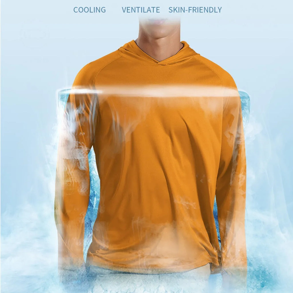Man wearing a thin grey long sleeve hooded top for outdoor sun protection during fishing or hiking.