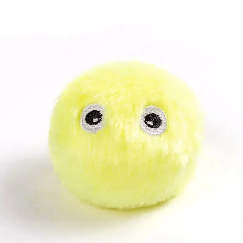 Interactive cat toy ball in blue, pink, and yellow colours with 55mm diameter for animal sound stimulation