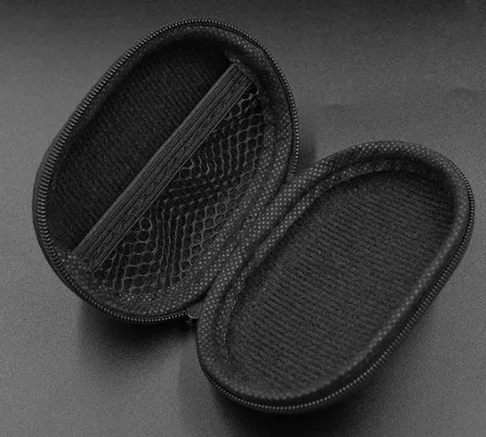 Black oval leather earphone storage bag with zipper closure for headphone protection