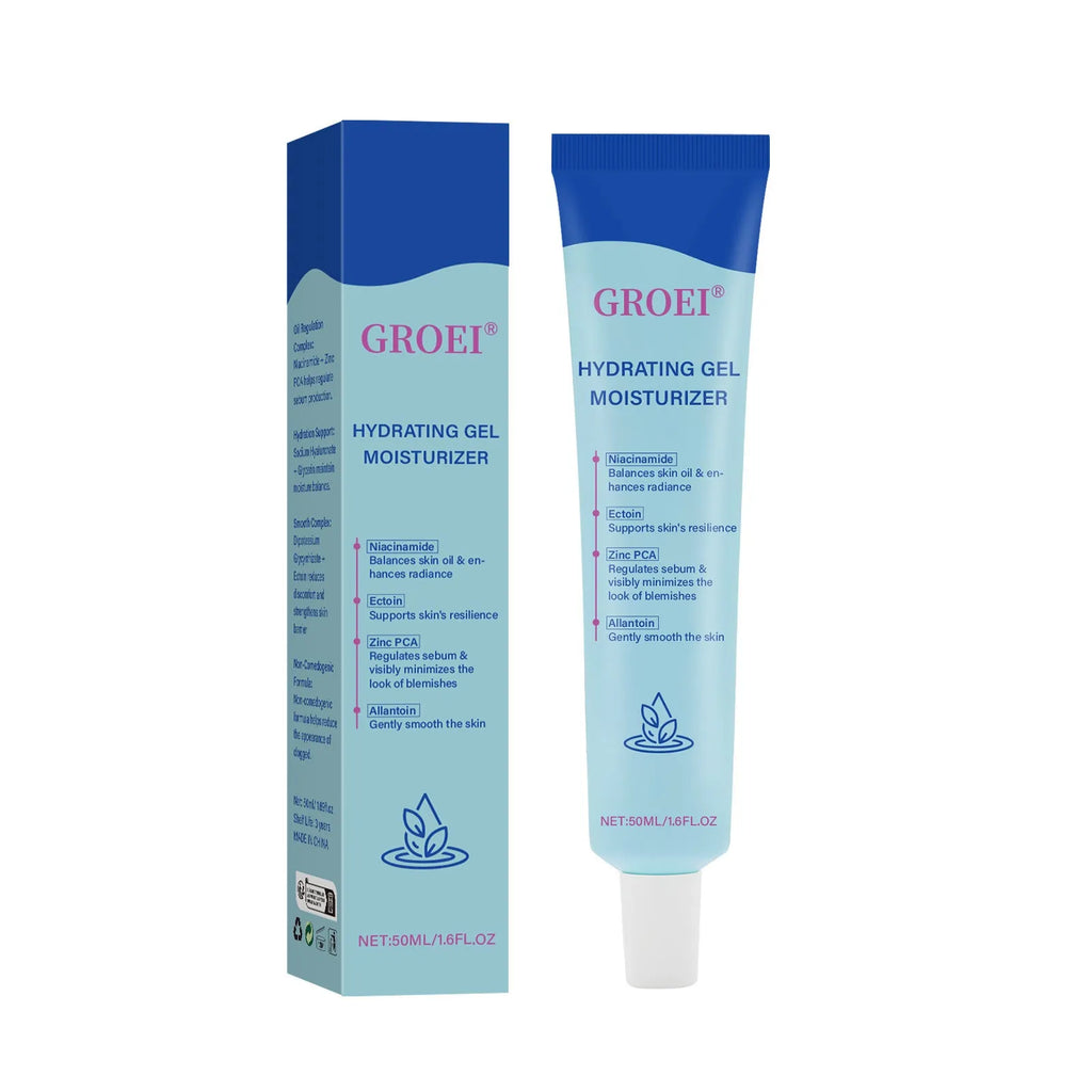 Tube of 50ml moisturising facial gel with hyaluronic acid for hydration.