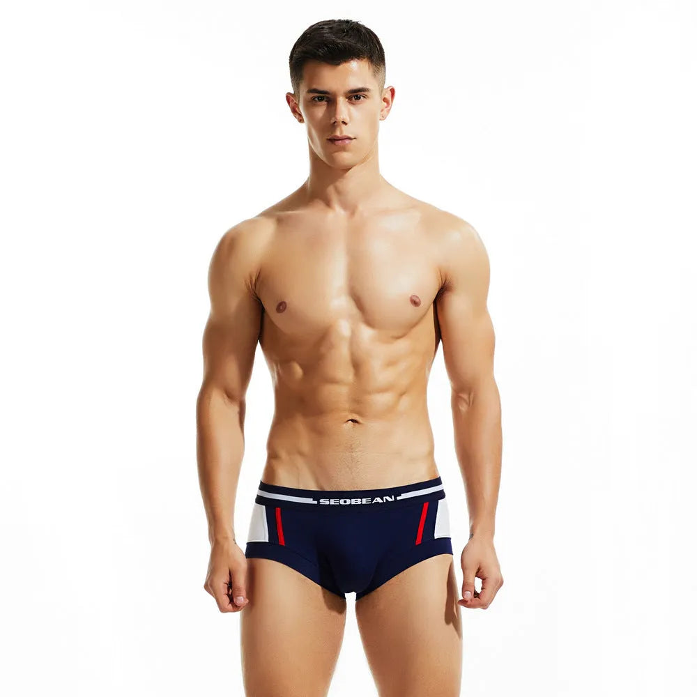 Men's low-waist cotton boxer shorts in red, dark blue, and light grey colours on a white background.