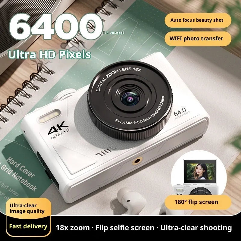 CCD HD digital camera with WiFi transmission in black, shown from front angle, compact plastic body