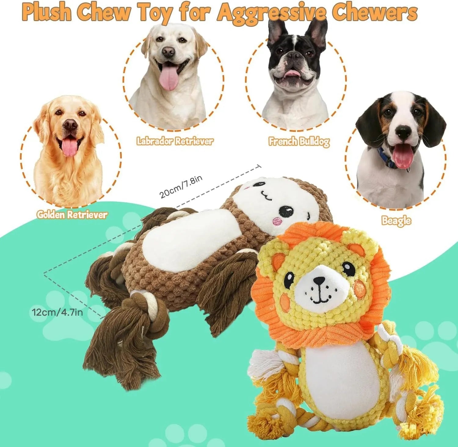 Lion and monkey plush squeaky dog toys side by side showing size difference