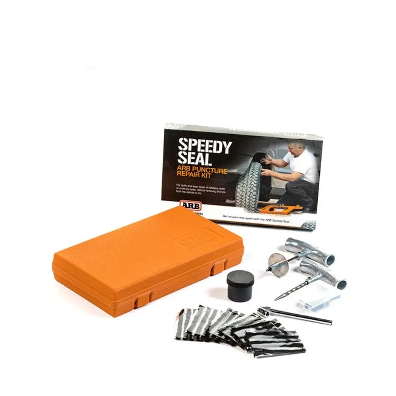 Speedy Seal emergency car tyre repair tool kit with tools laid out next to its high-visibility compact case.
