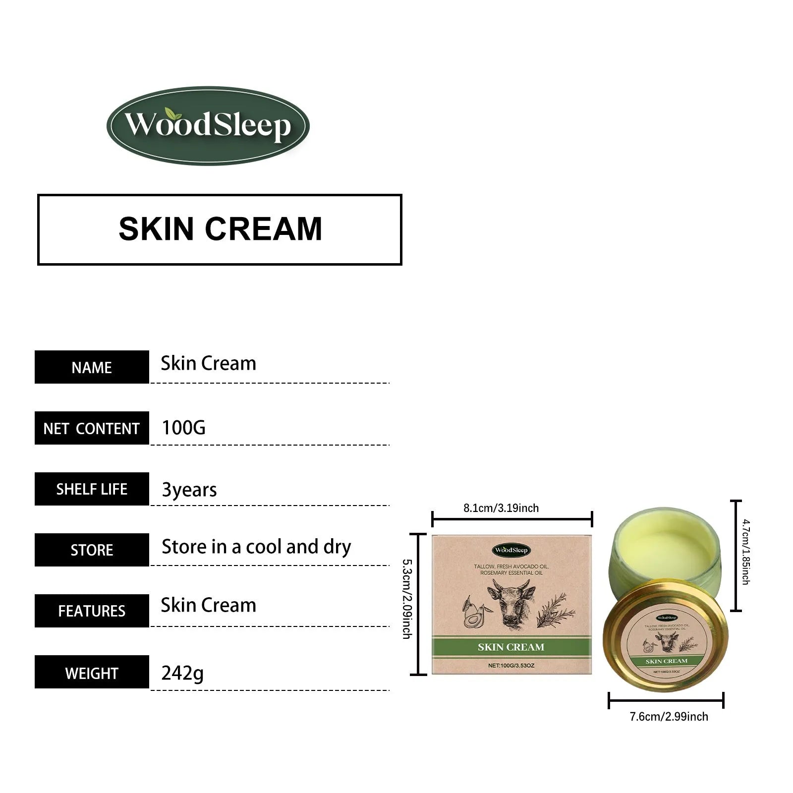 Cow fat skincare cream 100g tube with glycerol and glycerol stearate moisturiser
