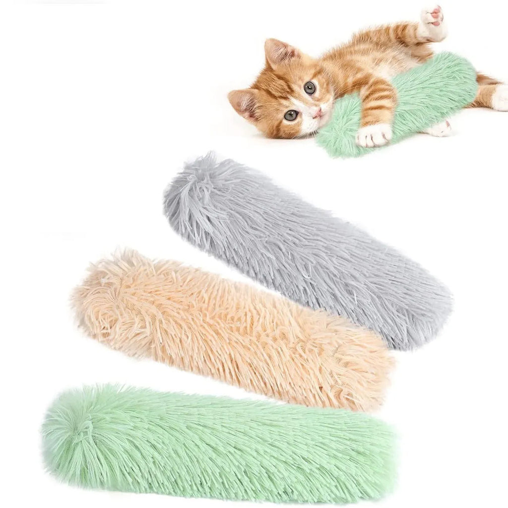 Plush cat toy pillow in blue, green, pink, or white colours measuring 27 by 10 centimetres
