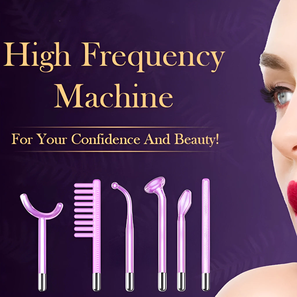 Purple high-frequency beauty electrotherapy rod with six accessory heads for professional skin treatments