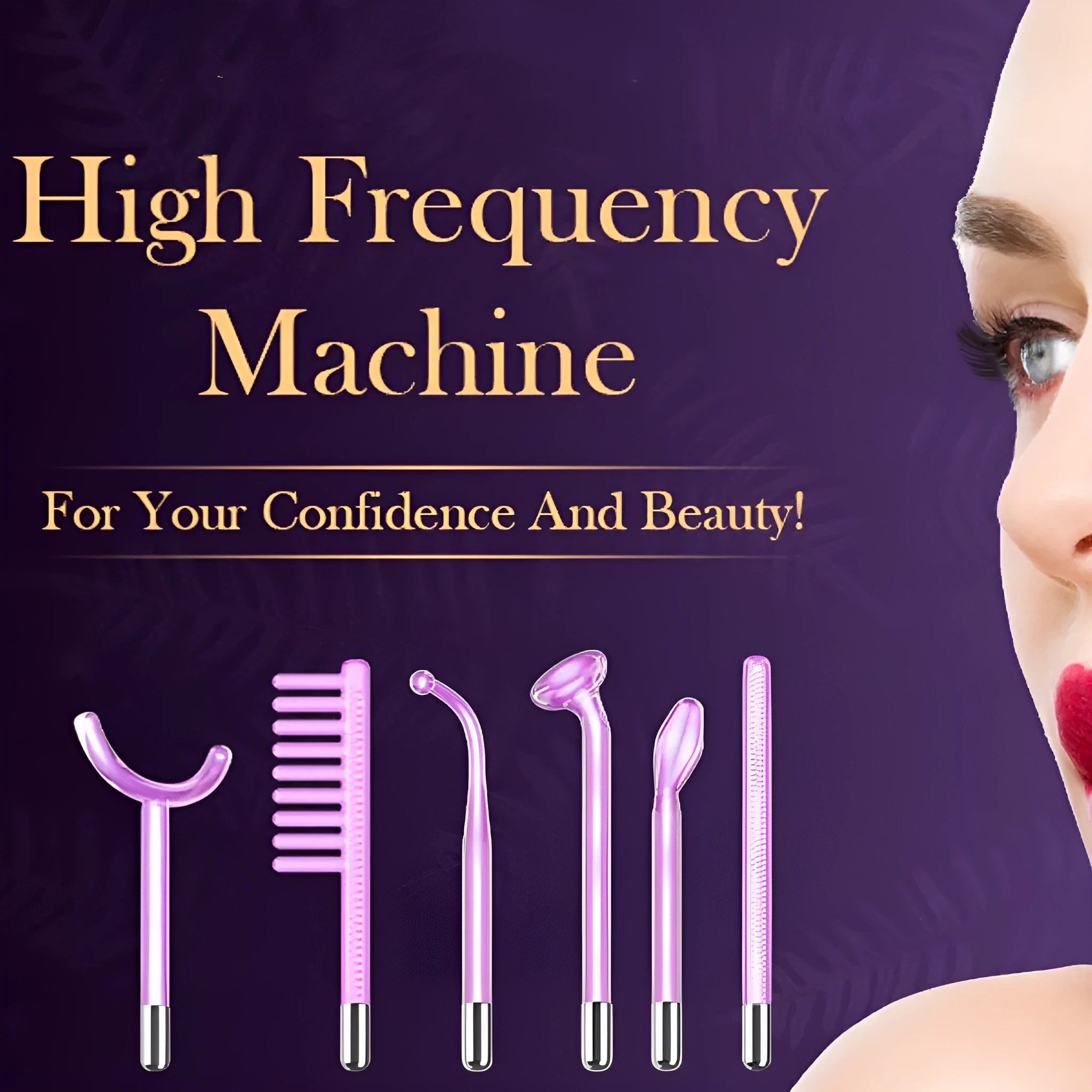 Purple high-frequency beauty electrotherapy rod with six accessory heads for professional skin treatments