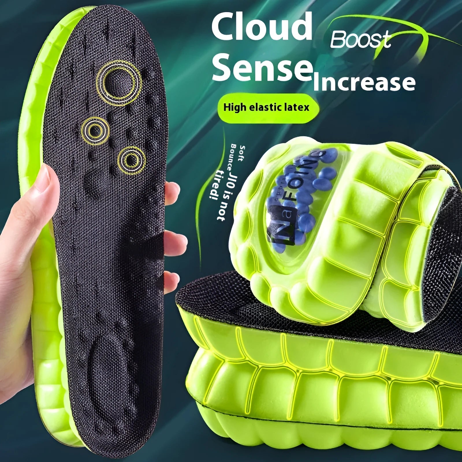 Green PU air cushion sports insoles with shock absorption and argy wormwood