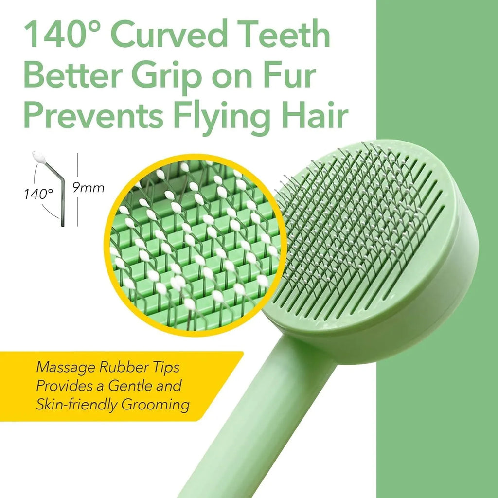 Green and yellow pet grooming brush with stainless steel bristles for cats and dogs