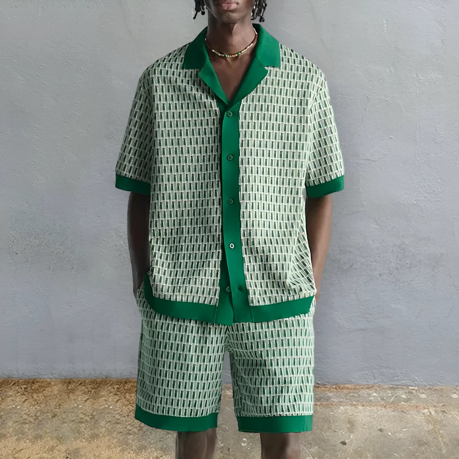 Men's plus size printed short-sleeve shirt and matching shorts beach set in colour MHX01344.