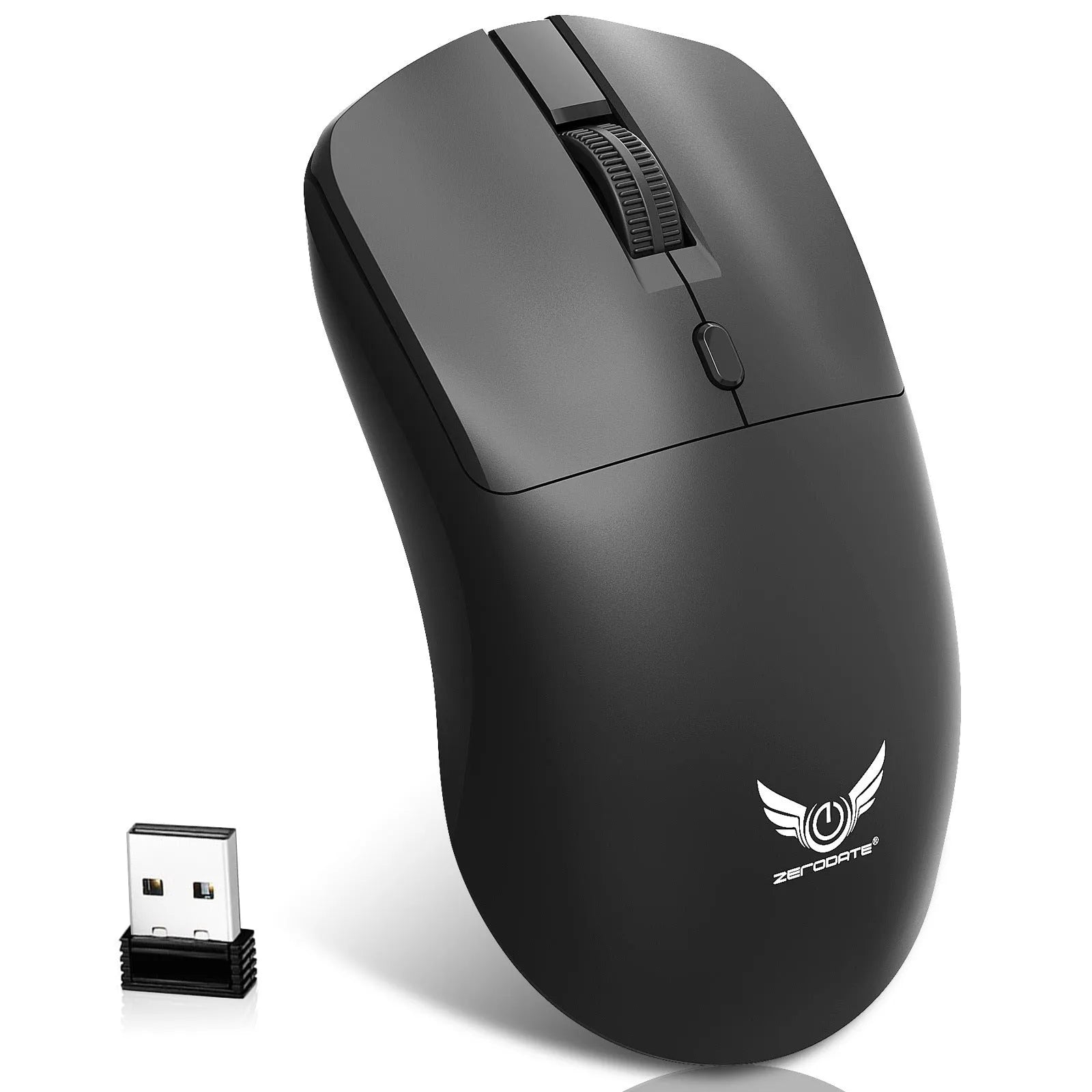 Black wireless mouse with a three-gear audio button, for use with laptops.
