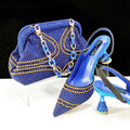 Women's pointed toe high heels with matching small bag, shown in one of eight available colours.
