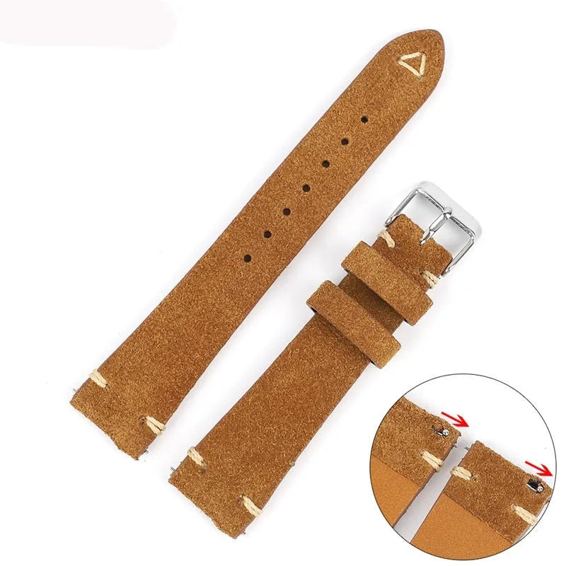 Genuine suede leather watch strap in brown, blue, gray, and Army Green colours showing 20mm and 22mm width options