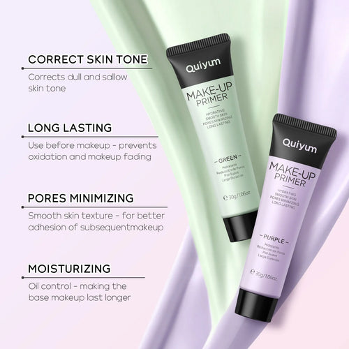 30g colour-correcting makeup primer in purple, pink, and green shades for moisturising base application