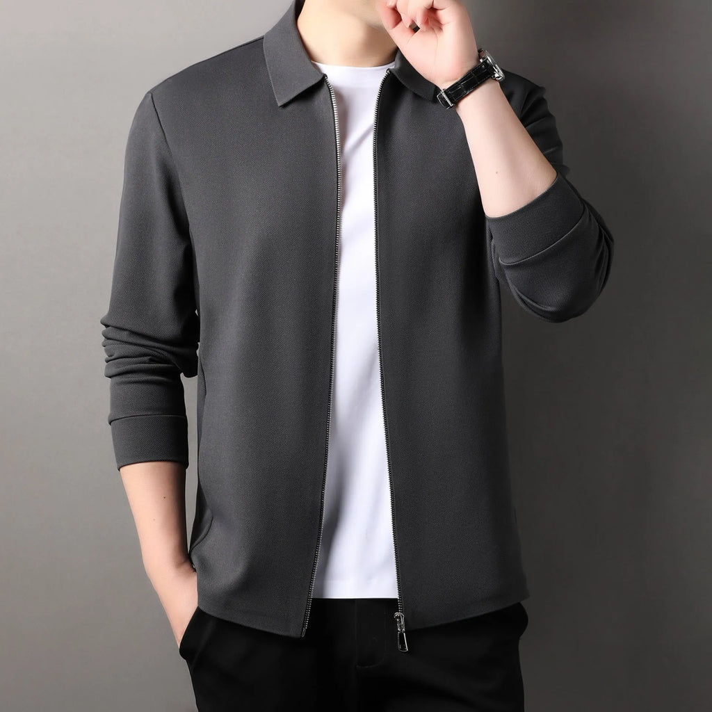 Men's apricot-coloured polyester casual business jacket with long sleeves and a straight hem.