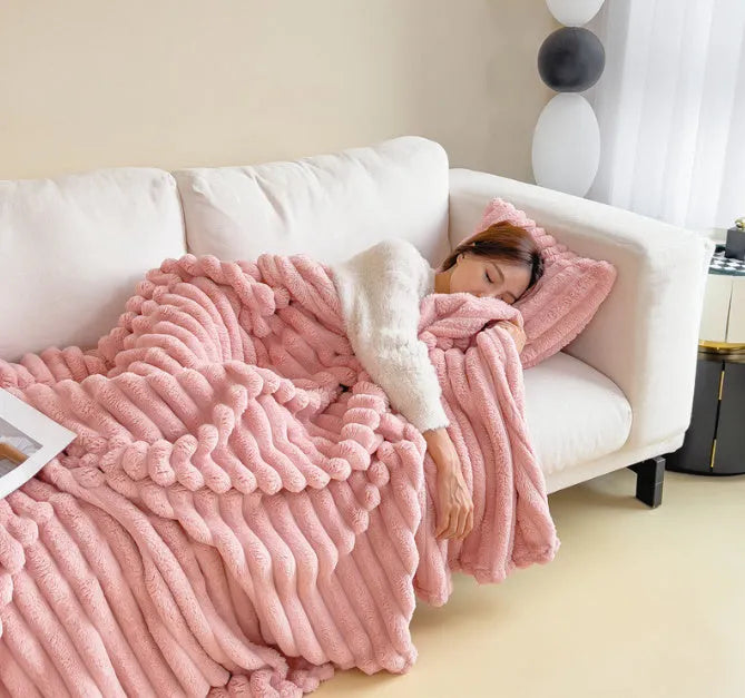 Solid colour bubble faux rabbit fur double-sided thickening blanket shown in a khaki colour