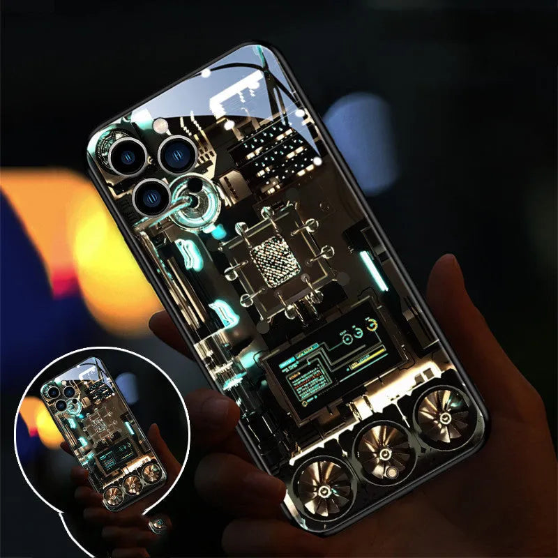 Xpress 14 tempered glass iPhone case with illuminated incoming light indicator and yellow green diamond grid design.