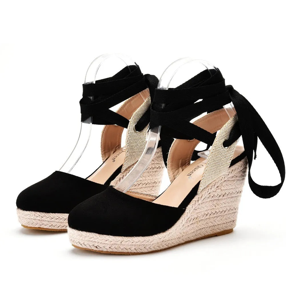 Women's apricot bohemian wedge sandals with platform sole, round fish mouth toe, and tassel decoration.