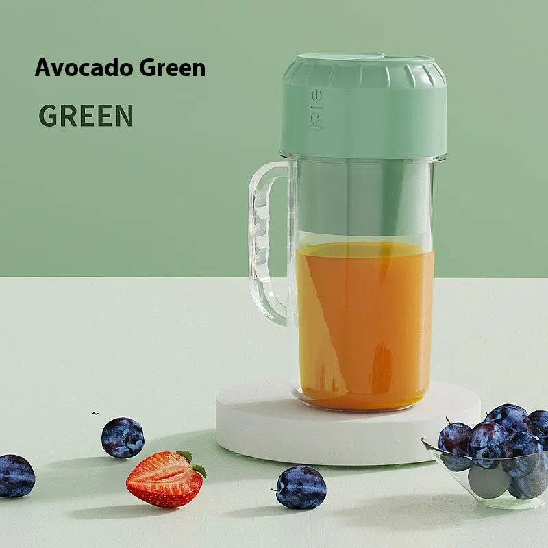 Portable USB-powered juicer in avocado green or cherry blossom pink with 150W motor and multiple blade options.