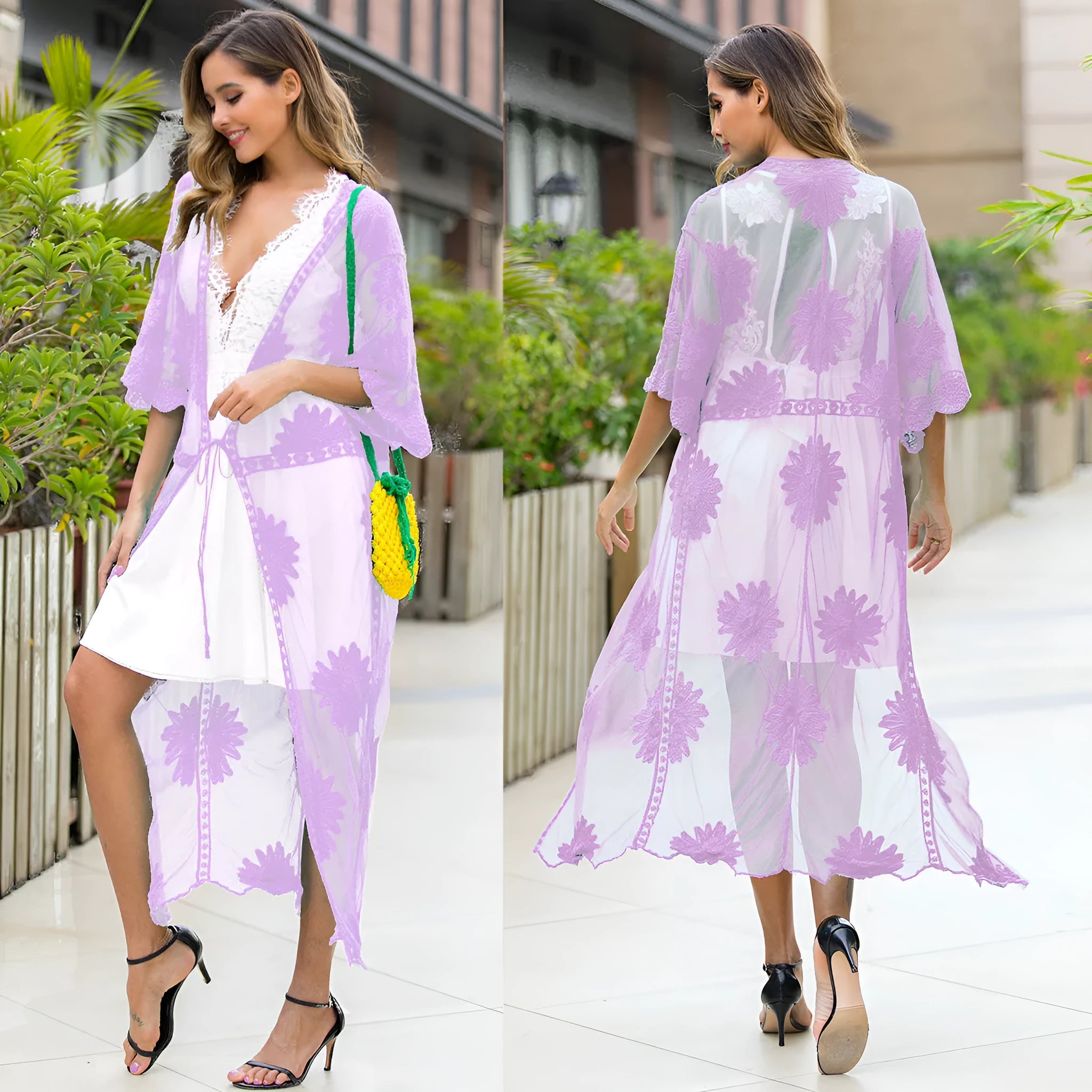 Light purple lace embroidered dress worn as a beach cover-up cardigan.