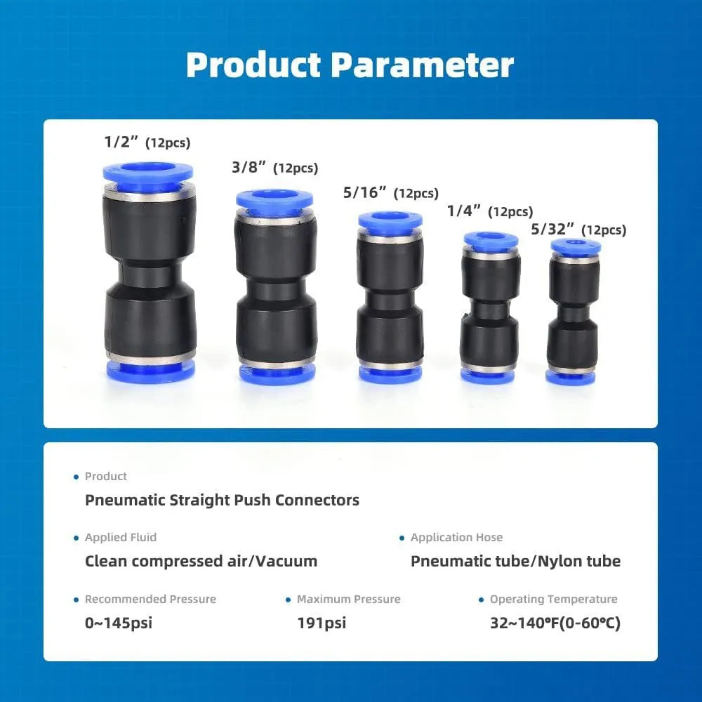 60-piece pneumatic push-in connector kit with R1/4 and R1/2 thread fittings
