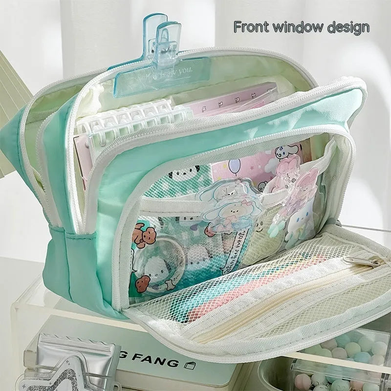Double layer pencil case with transparent pouch and gift handle in solid colour options