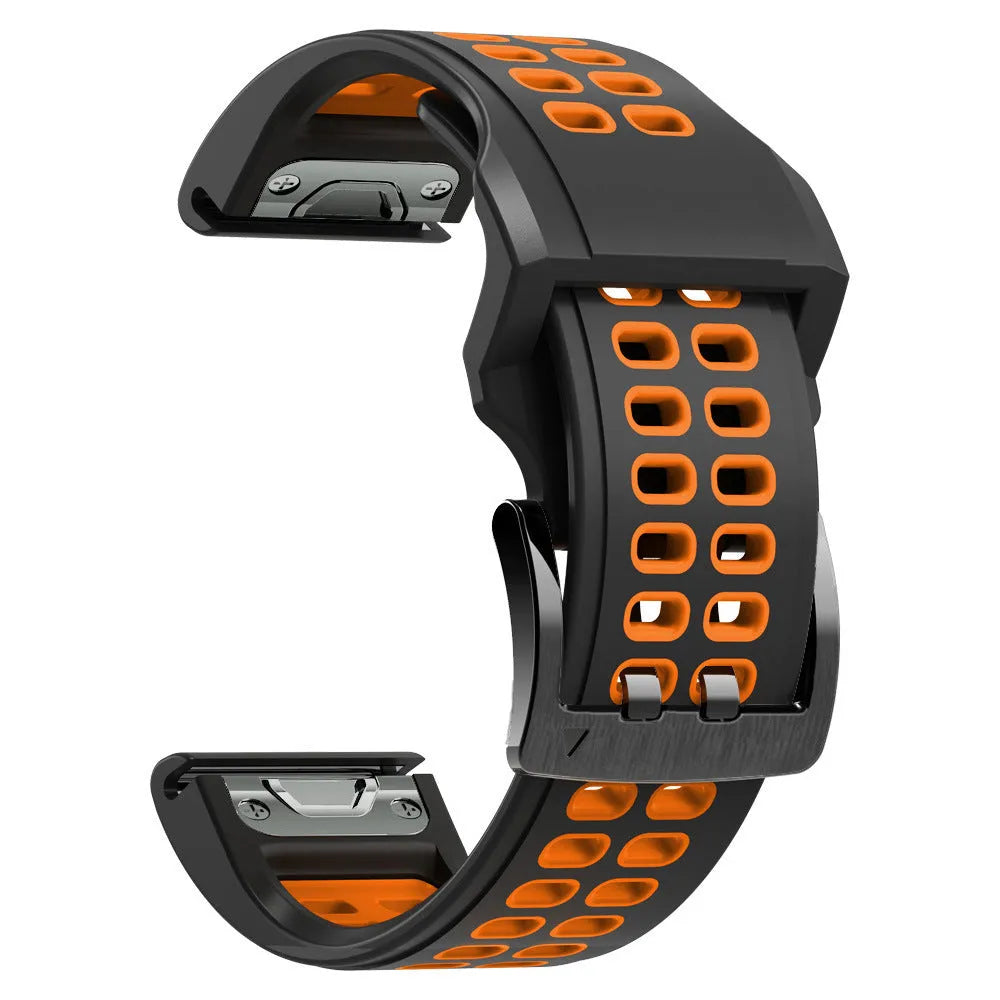 Two-tone quick-release silicone watch strap with pin buckle in black and orange colour