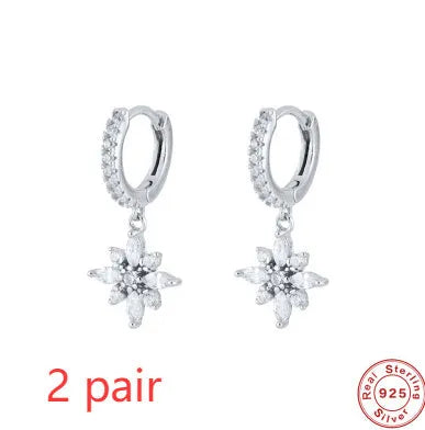 Sterling silver snowflake pendant earrings with geometric design in white gold or yellow gold colour