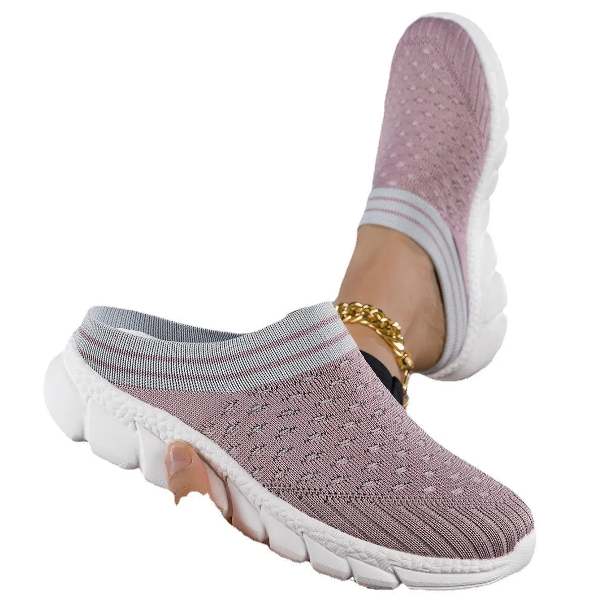 Women's black Flyknit semi slippers with hollowed-out sewing line detail and viscose sole