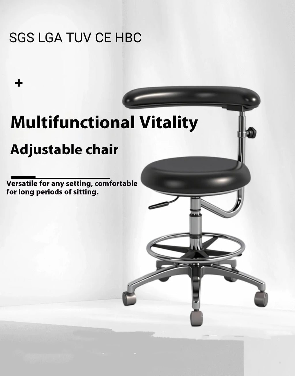 Black leather dental chair for clinic use as a dentist or nurse seat.