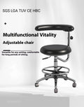 Black leather dental chair for clinic use as a dentist or nurse seat.