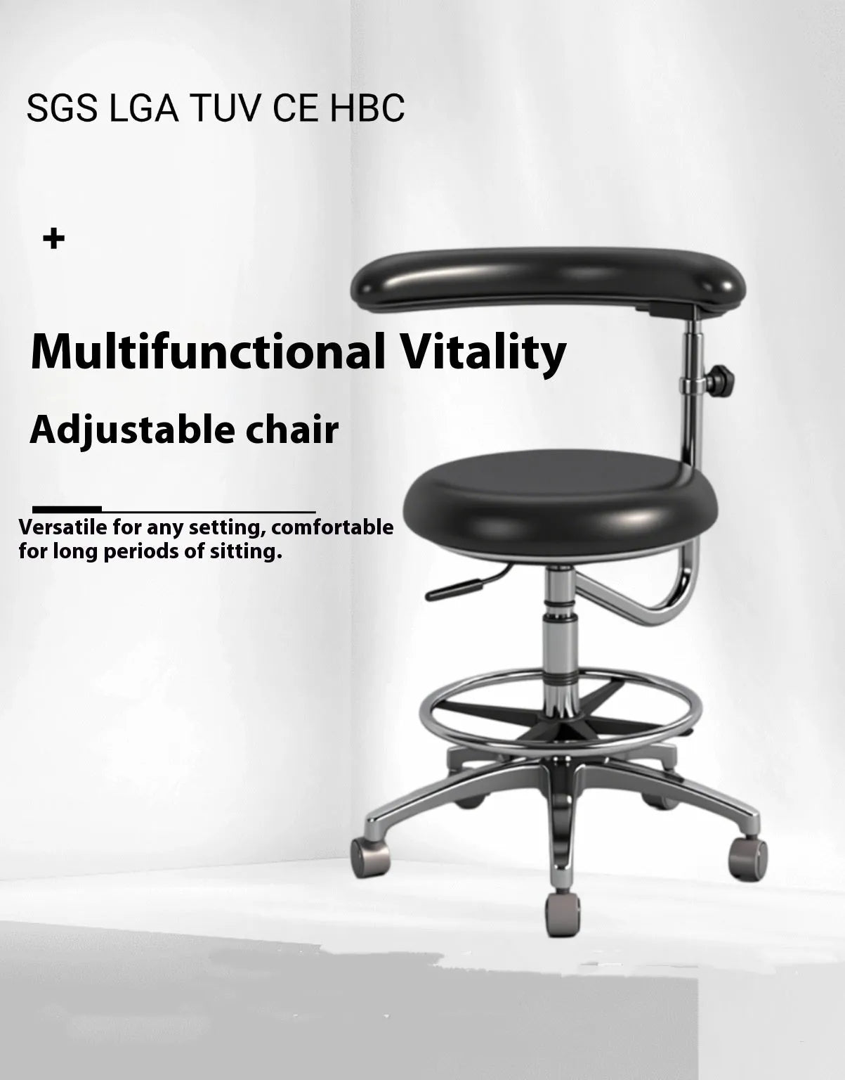 Black leather dental chair for clinic use as a dentist or nurse seat.