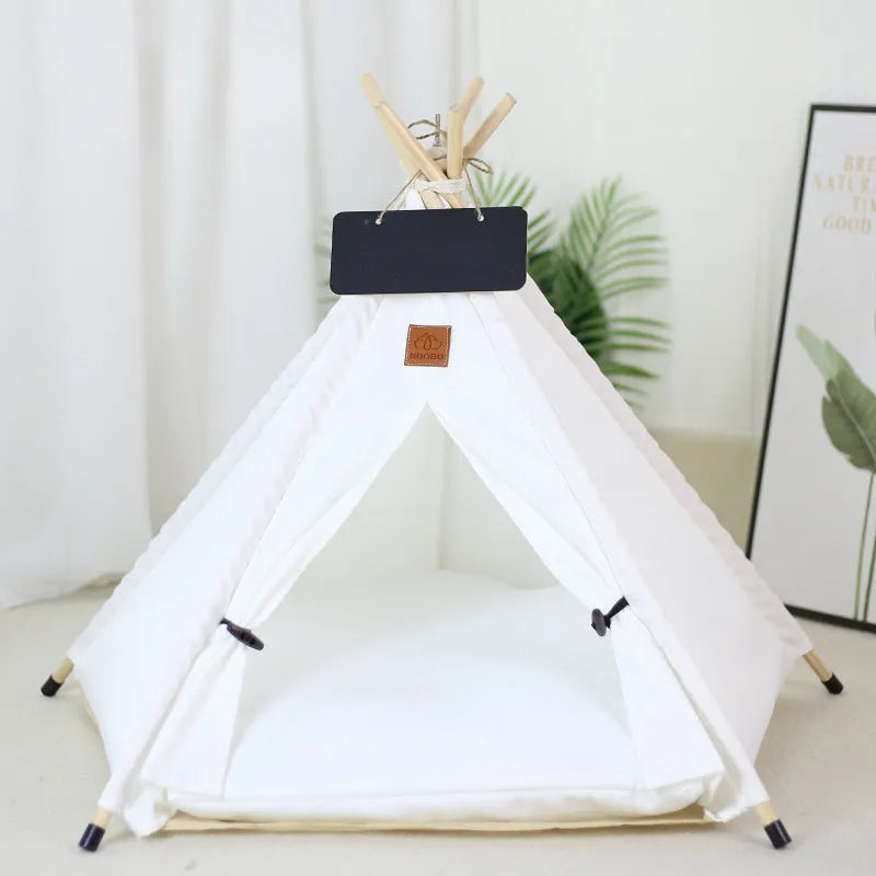 Striped linen pet teepee tent bed with cushion for small dogs or cats.