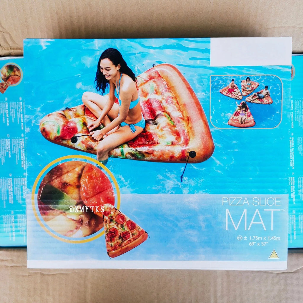 Large green and red pizza slice inflatable surfboard floating on water