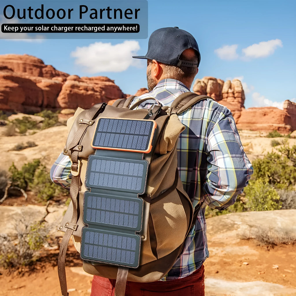 Outdoor solar power bank charger in multiple colours with a solar panel and LED light.