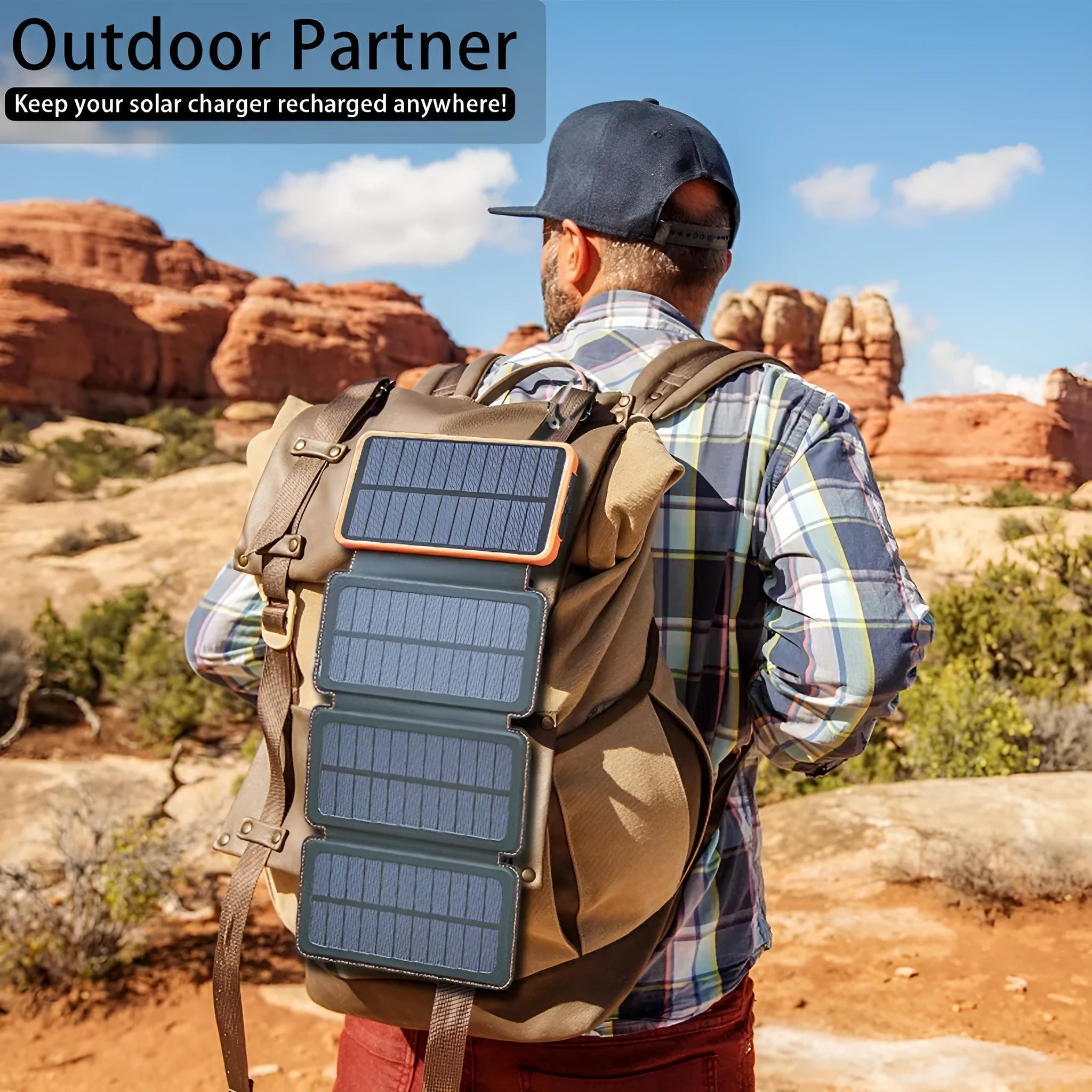 Outdoor solar power bank charger in multiple colours with a solar panel and LED light.
