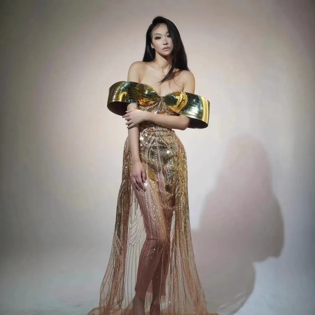 Gold strapless sequined dress with tulle skirt and thigh-high split for women's formal evening wear