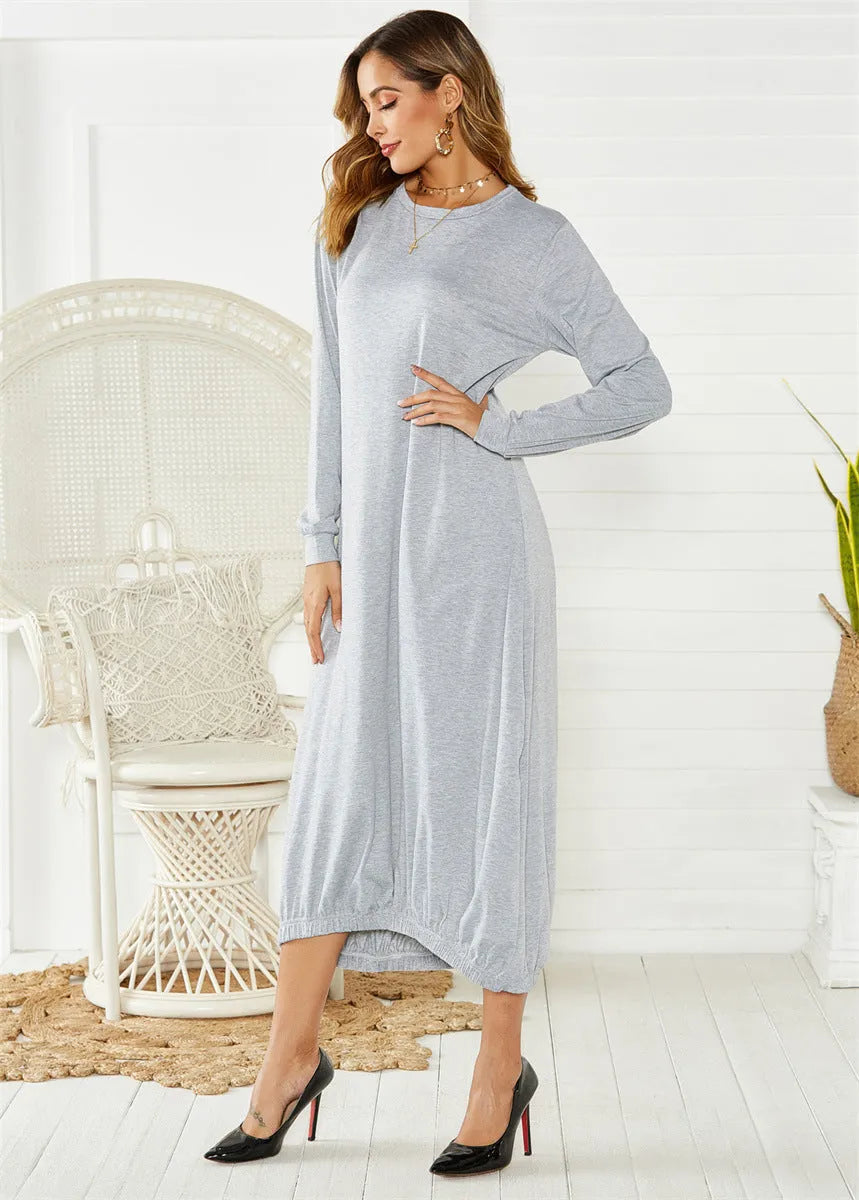 Black lantern dress with lace-up crew neck and loose silhouette casual knit fabric
