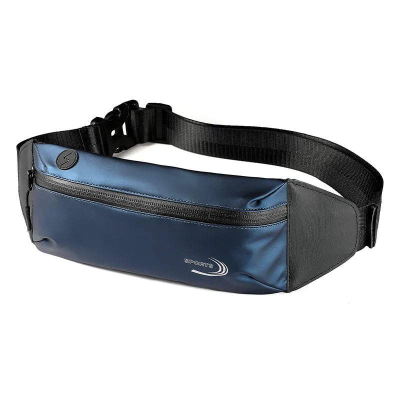 Men's blue waterproof waist bag with adjustable strap and front compartment for sports use