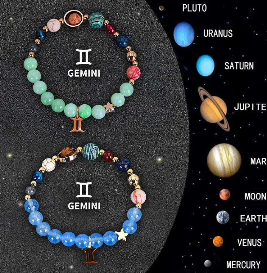 Natural stone beaded zodiac bracelets on elastic cord showing astrological symbols for twelve star signs