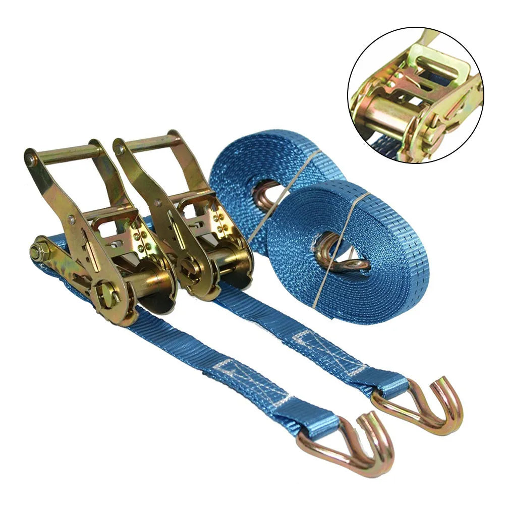 Steel ratchet tensioner with double hooks on a 25mm wide polyester binding strap