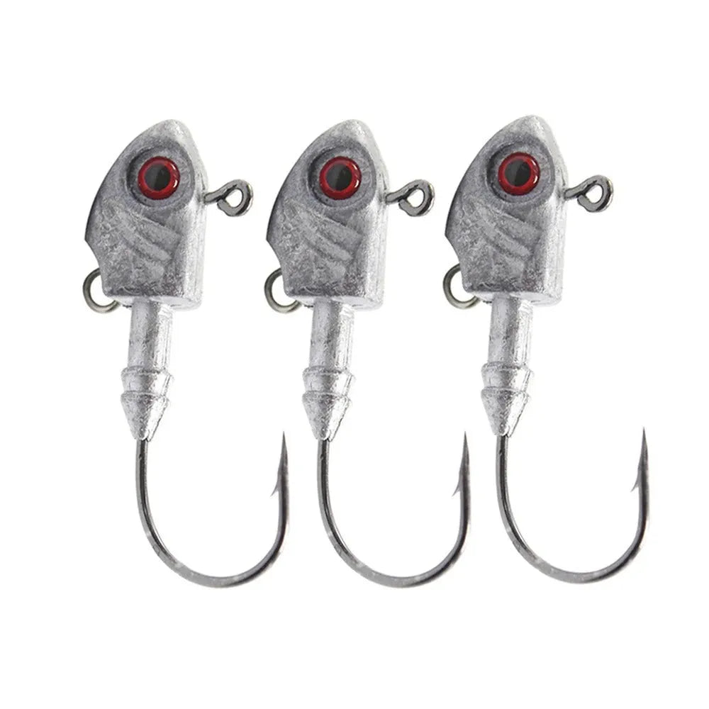 Yayu-shaped lead head fishing jig lure with barbed hook in blue, silver, and yellow colours.