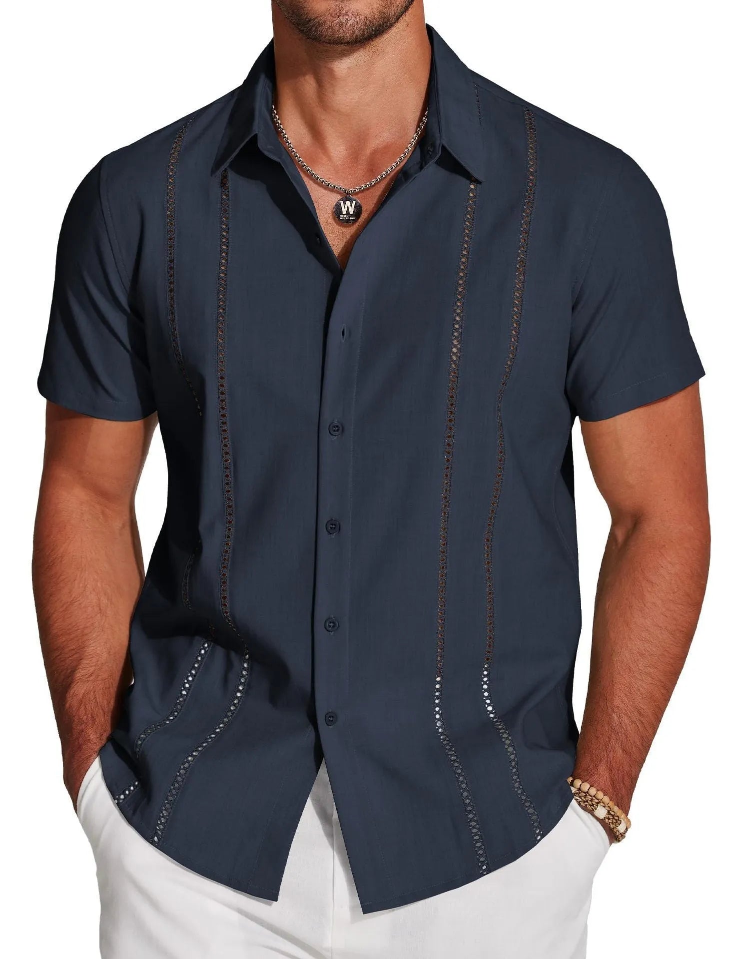 Men's slim fit cardigan-style Hawaiian short sleeve shirt with digital print pattern.