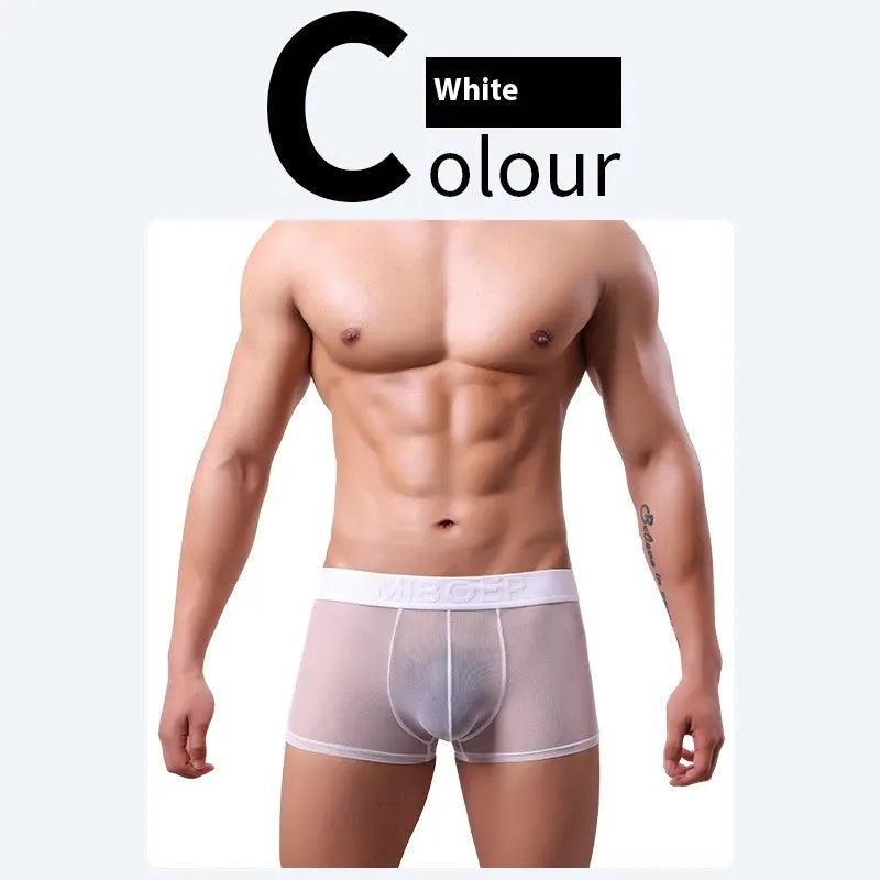 Men's thin quick-drying polyester boxers in six colours on a size chart background.