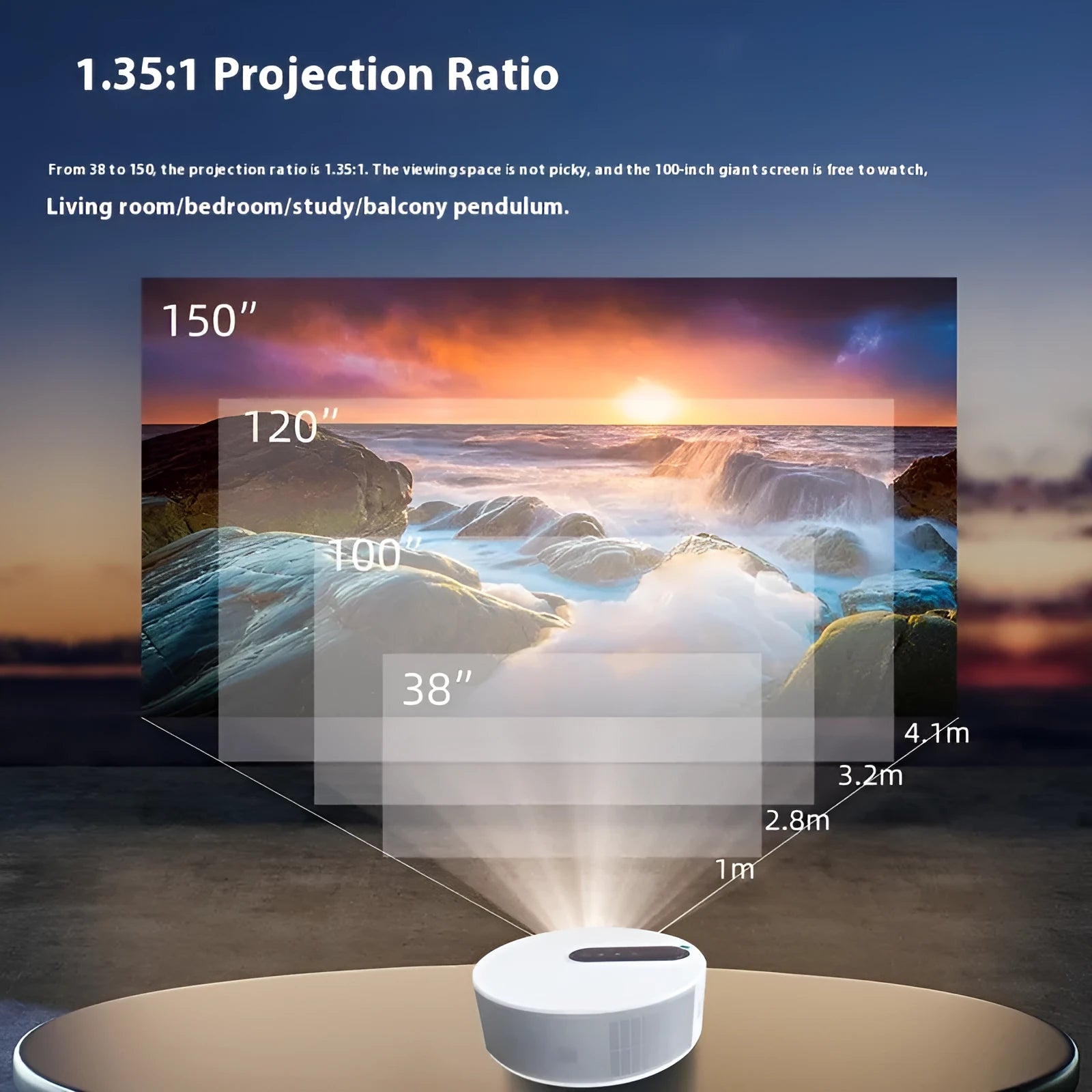 White 720p HD home theatre projector with remote control on a table